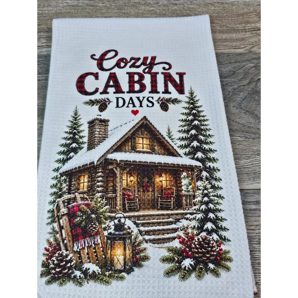 Cozy Cabin Days Winter Kitchen Towel Rustic Farmhouse Snowy Cabin Decor